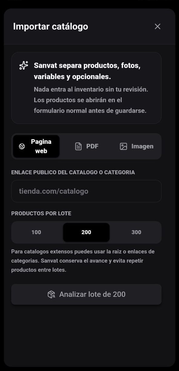 Pantalla real de Sanvat para importar un catálogo desde una página web, PDF o imagen