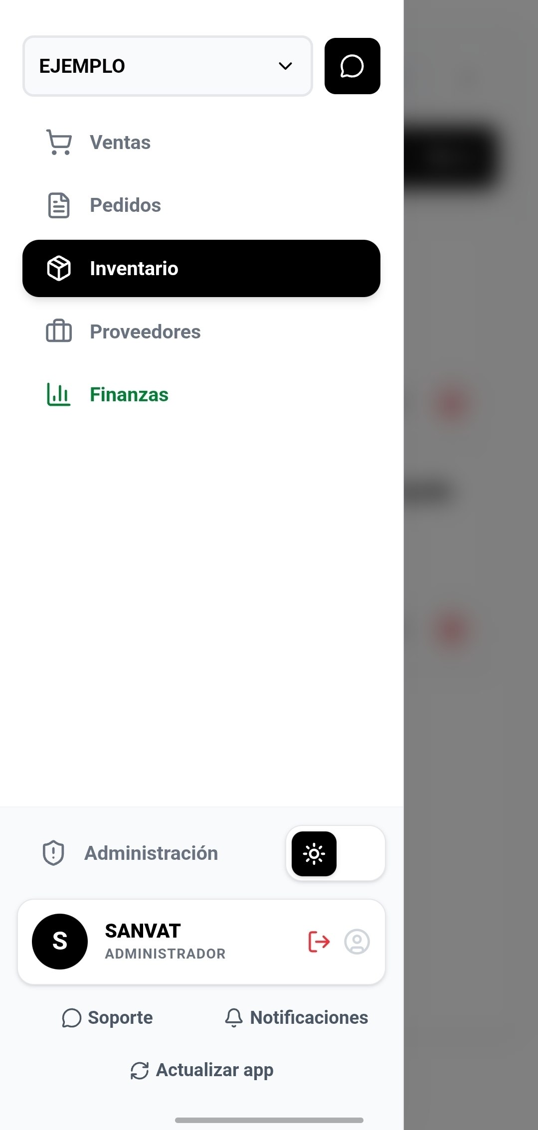 Menú real de Sanvat con acceso a sus módulos